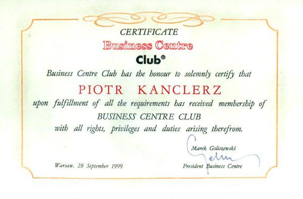 Certyfikat Business Center Club